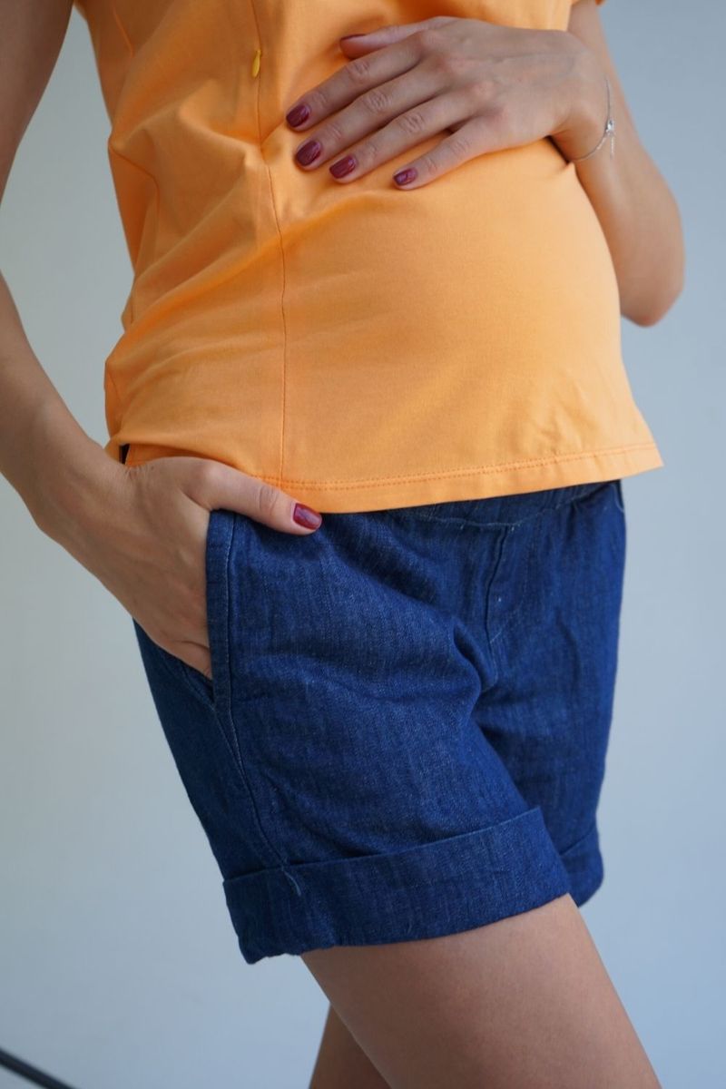 Джинсові шорти для вагітних прямого силуету з резинкою на поясі сині