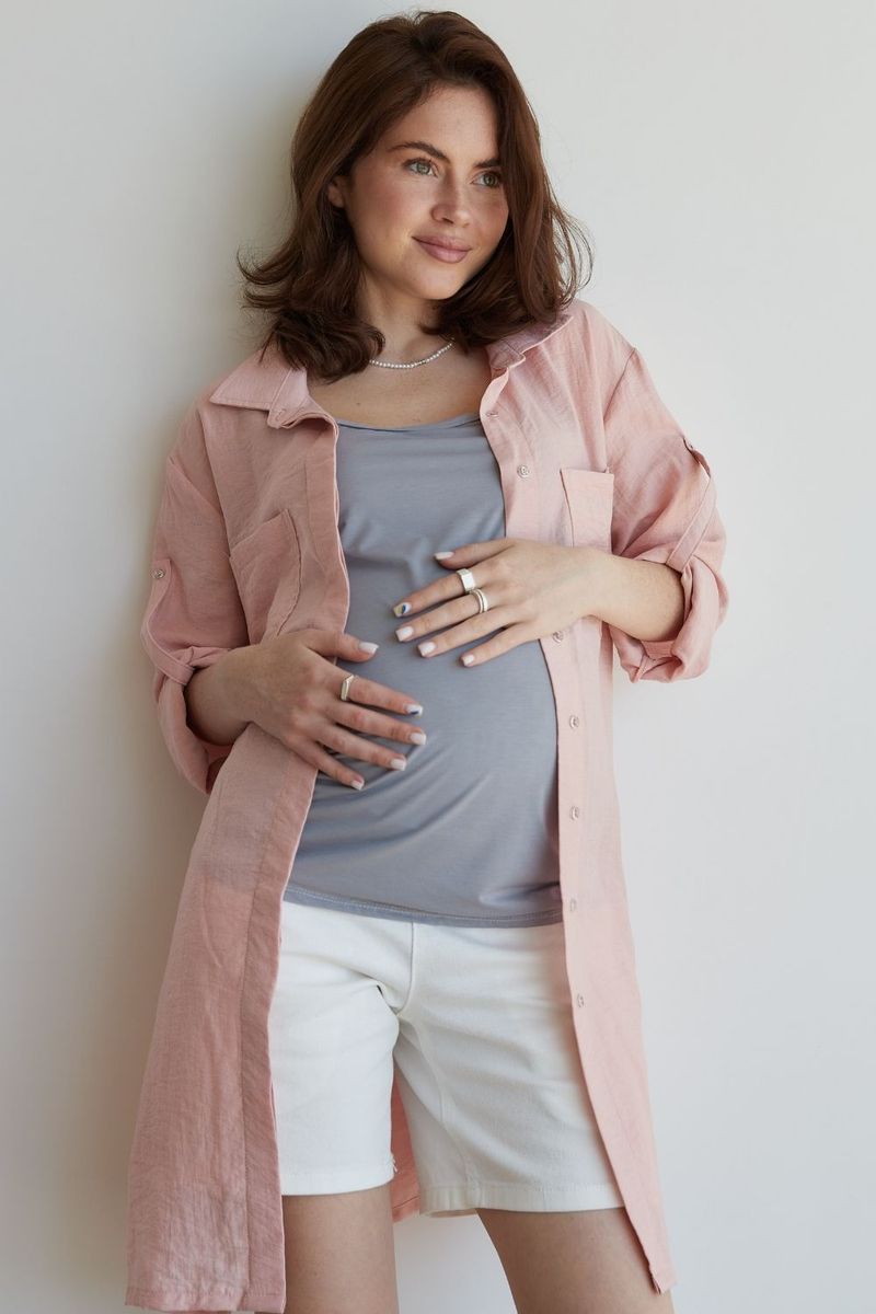 Льняная рубашка блуза для беременных и кормящих пудровая летняя свободного кроя