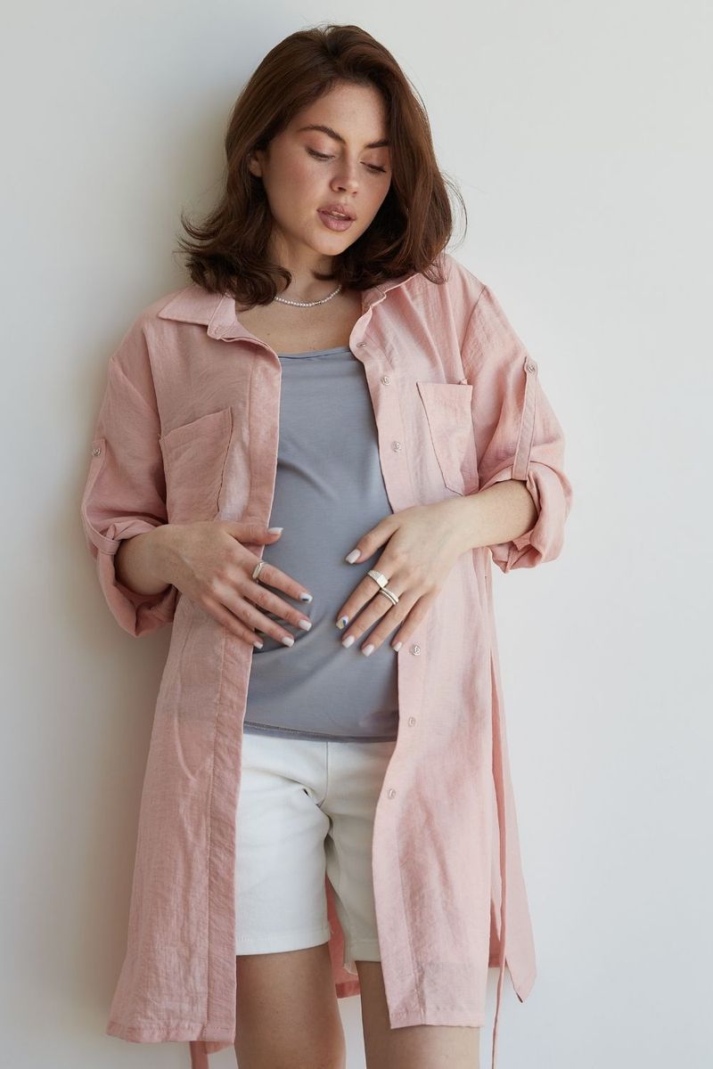 Льняная рубашка блуза для беременных и кормящих пудровая летняя свободного кроя