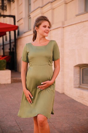 Удобное мягкое платье для беременных и кормящих с секретом кормления свободного кроя хаки