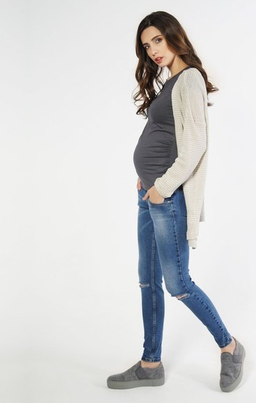 Стильные джинсы скинни для беременных синие с широкой бандажной резинкой под животик