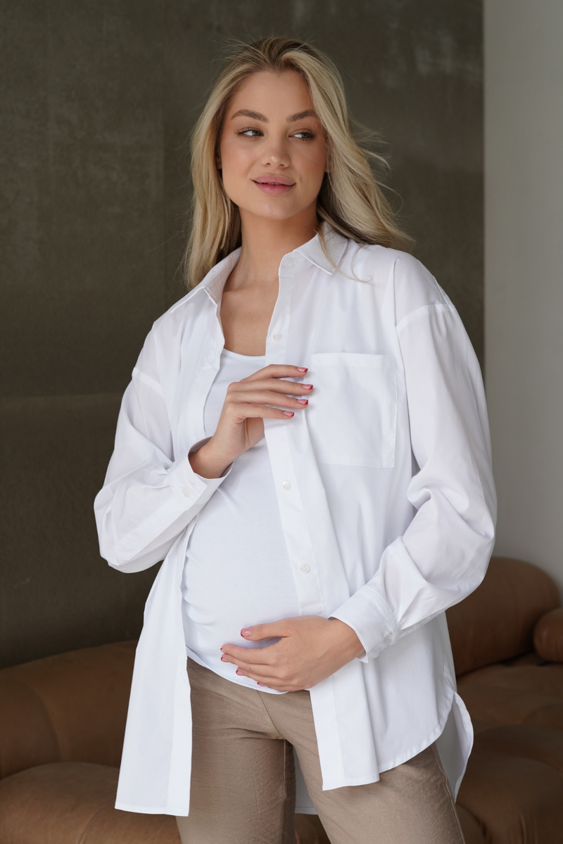 Біла блуза сорочка для вагітних та годуючих мам оверсайз на гудзиках бавовняна