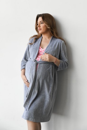 Велюровый халат для беременных и кормящих теплый серый