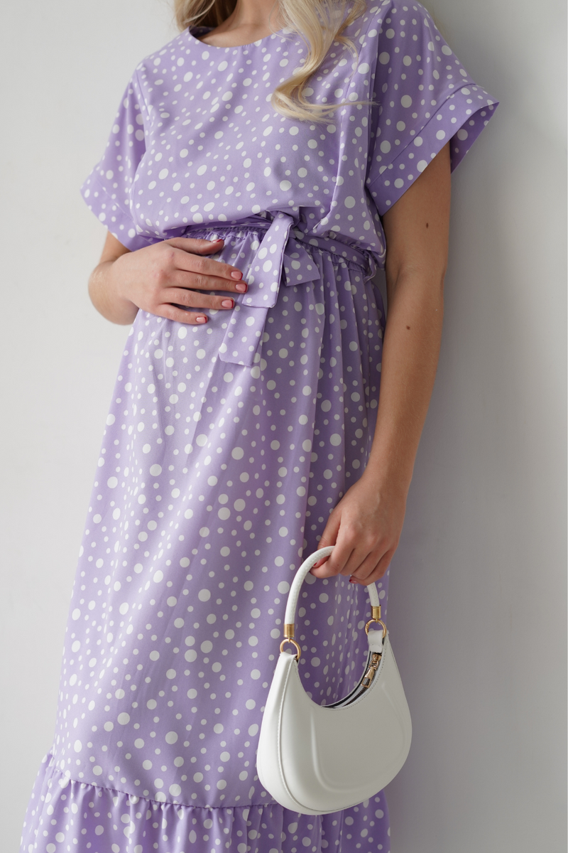Легкое лавандовое платье для беременных и кормящих мам с секретом для кормления в горошек свободное