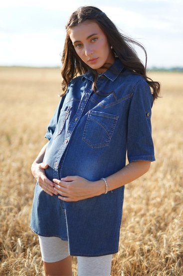 Джинсовая блуза рубашка для беременных, будущих мам