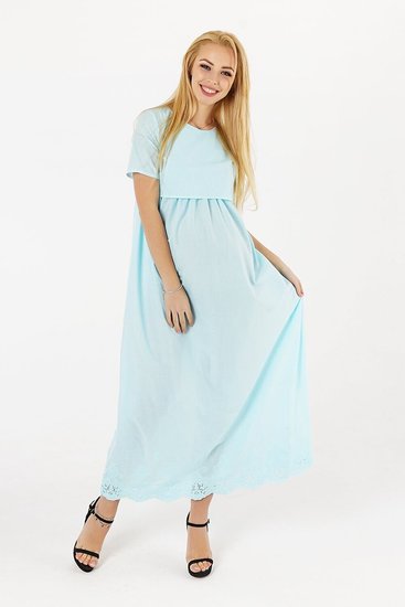 Однотонное платье для беременных и кормящих длинное в пол голубое