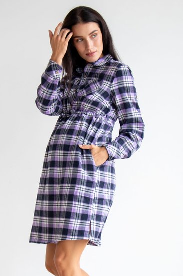 Фіолетова сукня - сорочка у клітинку для вагітних і годуючих мам бавовняна