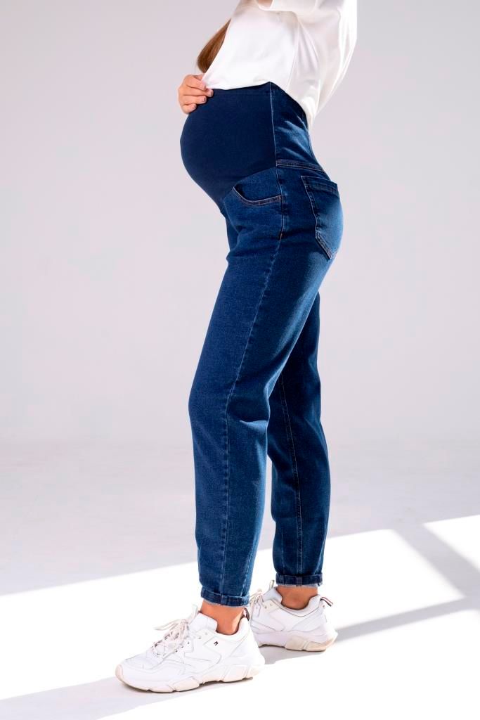 Комфортні та стильні джинси для вагітних з високою спинкою Mom Jeans темно-сині