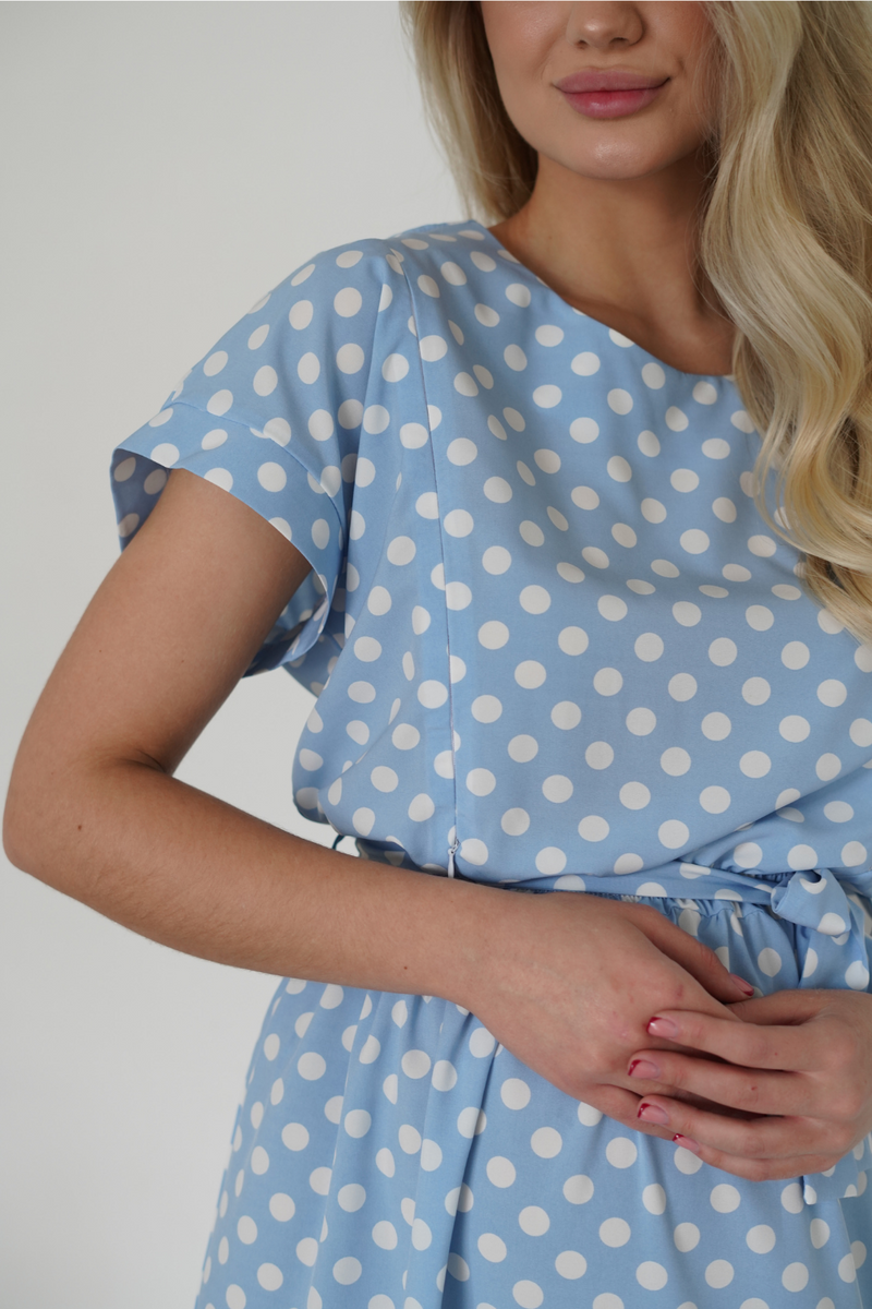 Легка сукня для вагітних і годуючих мам блакитна в горошок вільна з секретом для годування
