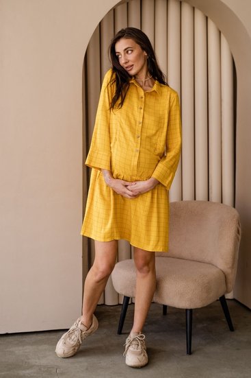 Сукня для вагітних з секретом для годування для годуючих мам в сорочковому стилі жовта