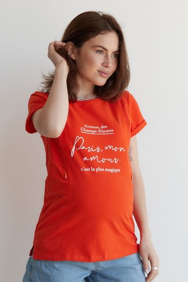 Трикотажна футболка з принтом для вагітних та годуючих мам з секретом для годування помаранчева