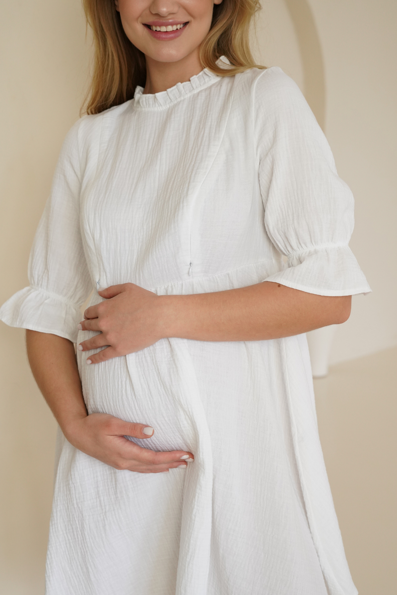 Біла муслінова сукня для вагітних і годуючих мам вільного силуету