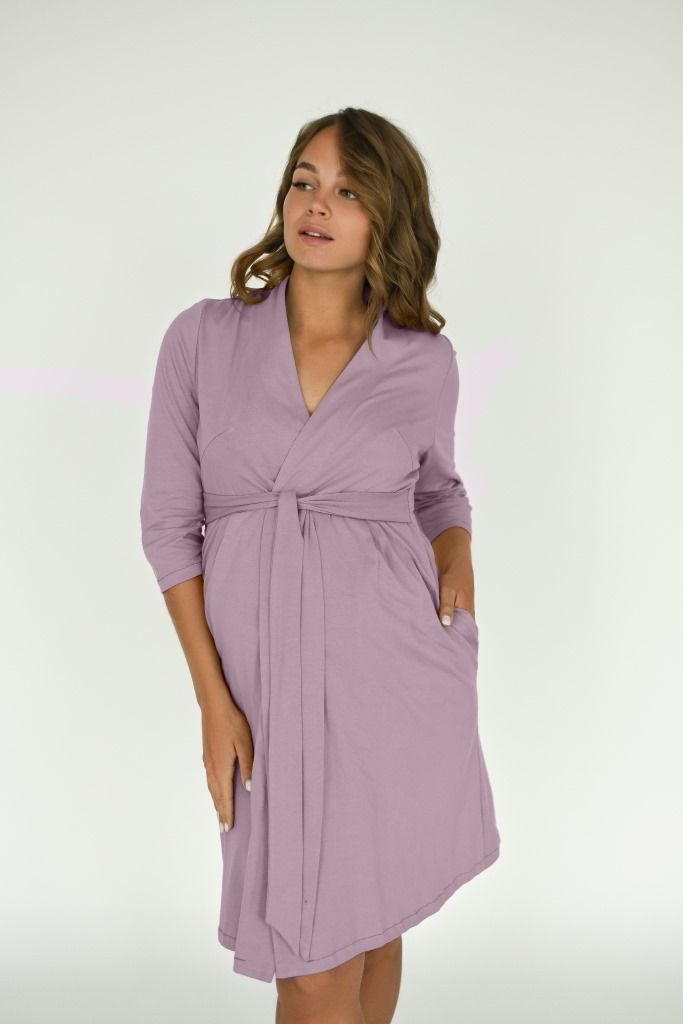 Хлопковый халат для беременных и кормящих мам рукав 3/4 фиолетовый