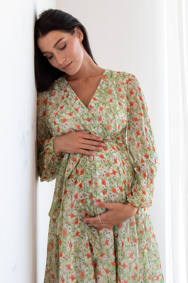 Шифоновое платье для беременных и кормящих мам салатовое цветочное