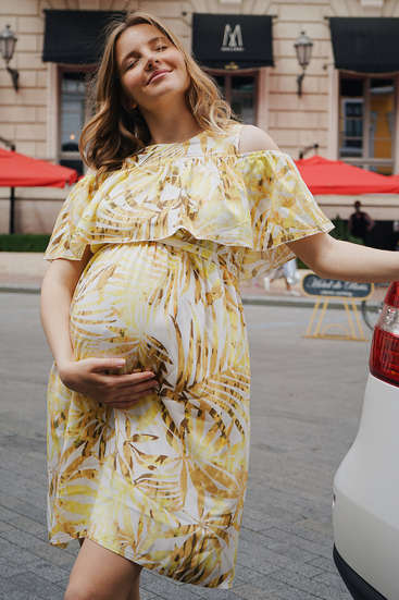 Летнее легкое платье для беременных хлопковое нежное свободного кроя желтое с принтом