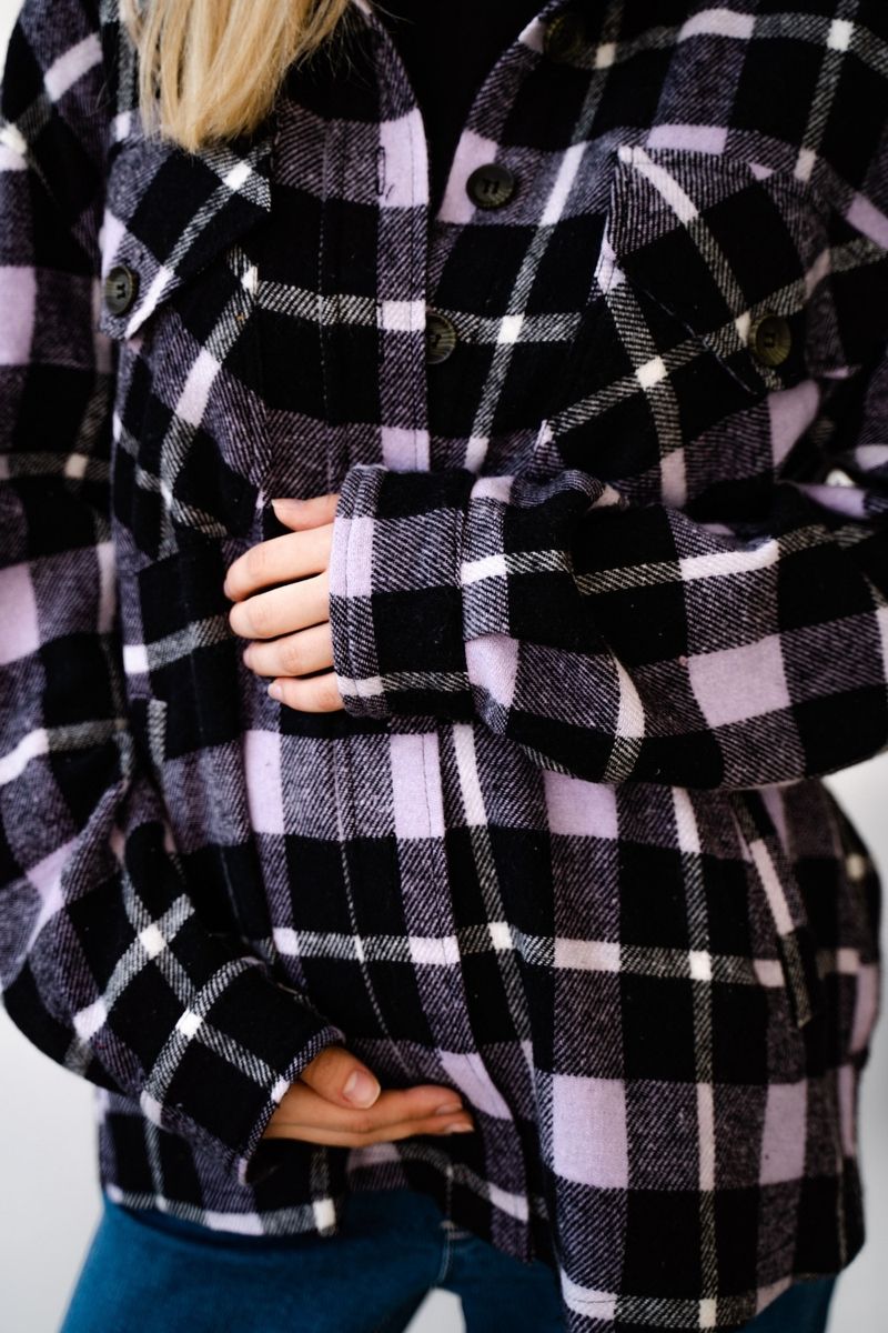 Хлопковая теплая рубашка блуза для беременных и кормящих лавандовая клетка oversize - кроя
