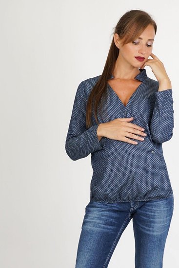 Синяя блуза для беременных и кормящих мам с небольшим воротником