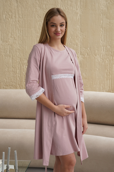 Халат и ночная рубашка с секретом кормления пудровый комплект для беременных и кормящих