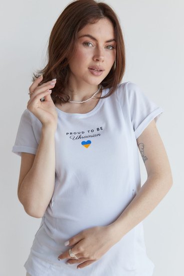 Біла трикотажна футболка для вагітних та годуючих із секретом для годування патріотичний принт