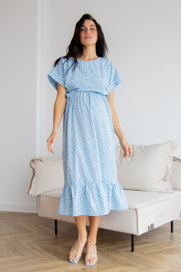 Свободное платье для беременных и кормящих мам голубое легкое в горошек с секретом для кормления
