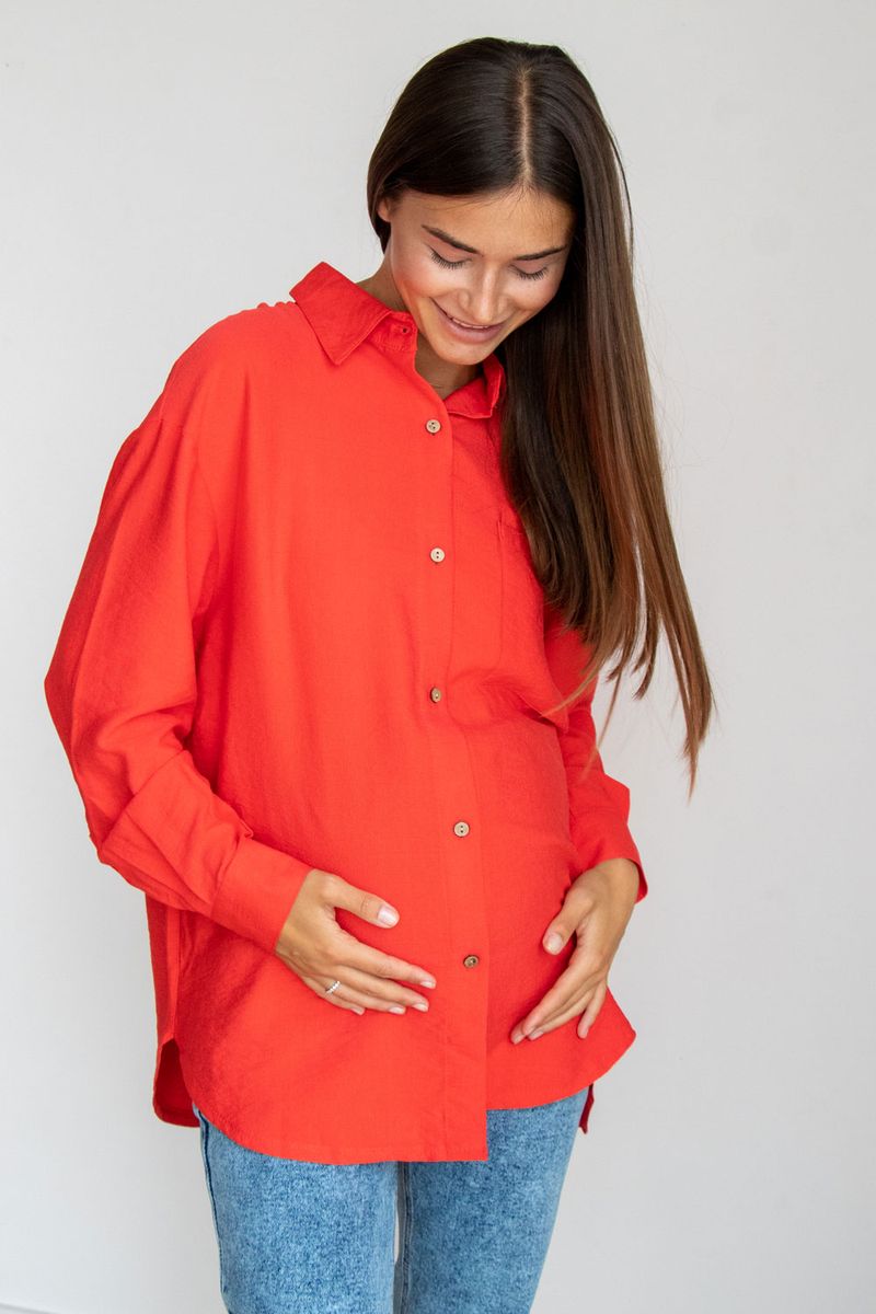 Блуза сорочка для вагітних та годуючих на гудзиках бавовняна прямого крою коралова