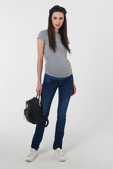 Штани джинсові для вагітних з легкими потертостями темно-сині