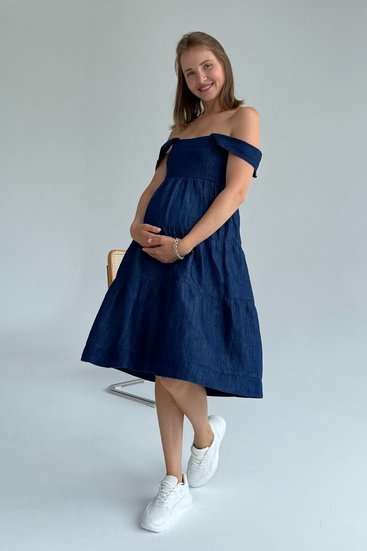 Мягкий джинсовый сарафан для беременных и кормящих мам синий