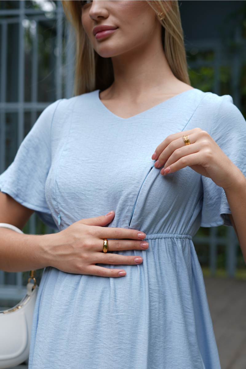 Платье для беременных и кормящих мам с секретом для кормления голубое с гипоаллергенной ткани