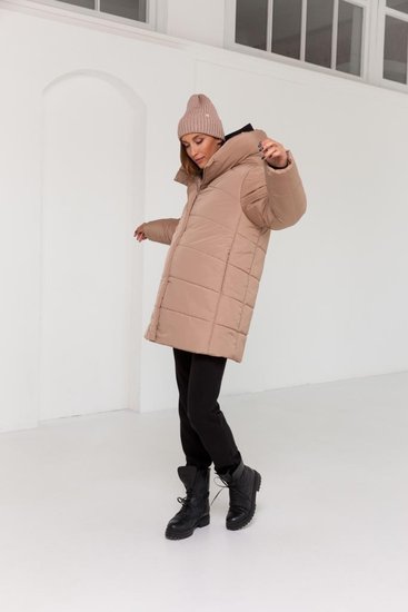 Бежевая зимняя куртка оверсайз для беременных с капюшоном