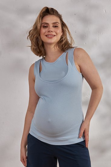 Голубая хлопковая майка для беременных и кормящих в рубчик