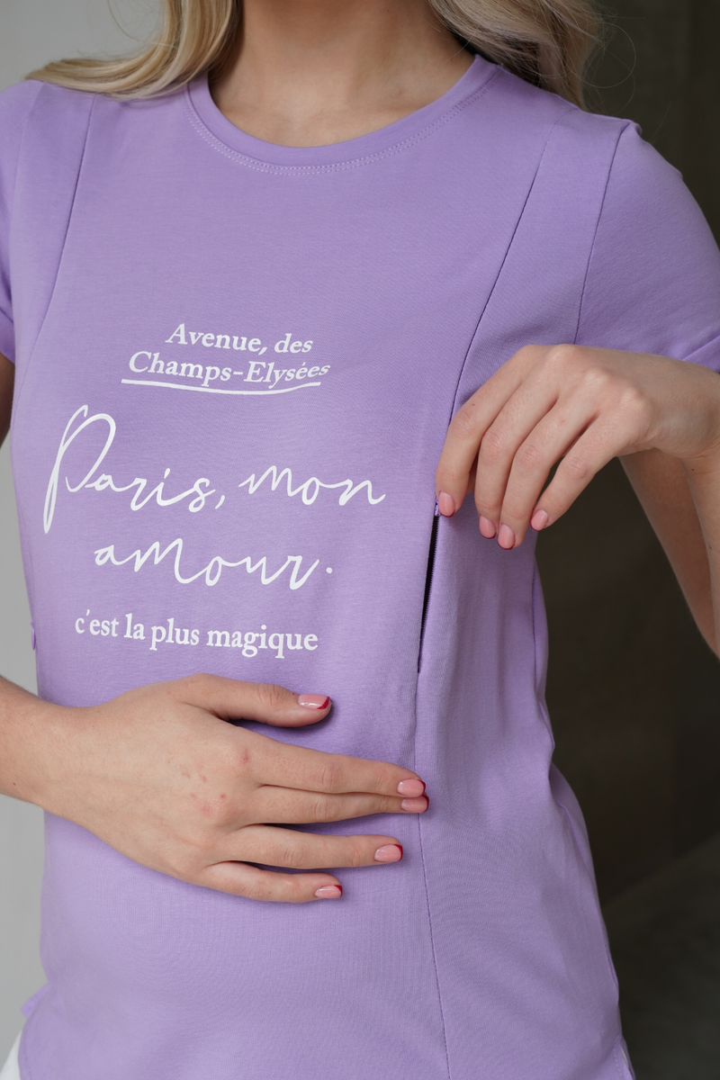 Лавандова футболка з принтом для вагітних і годуючих мам з секретом для годування трикотажна