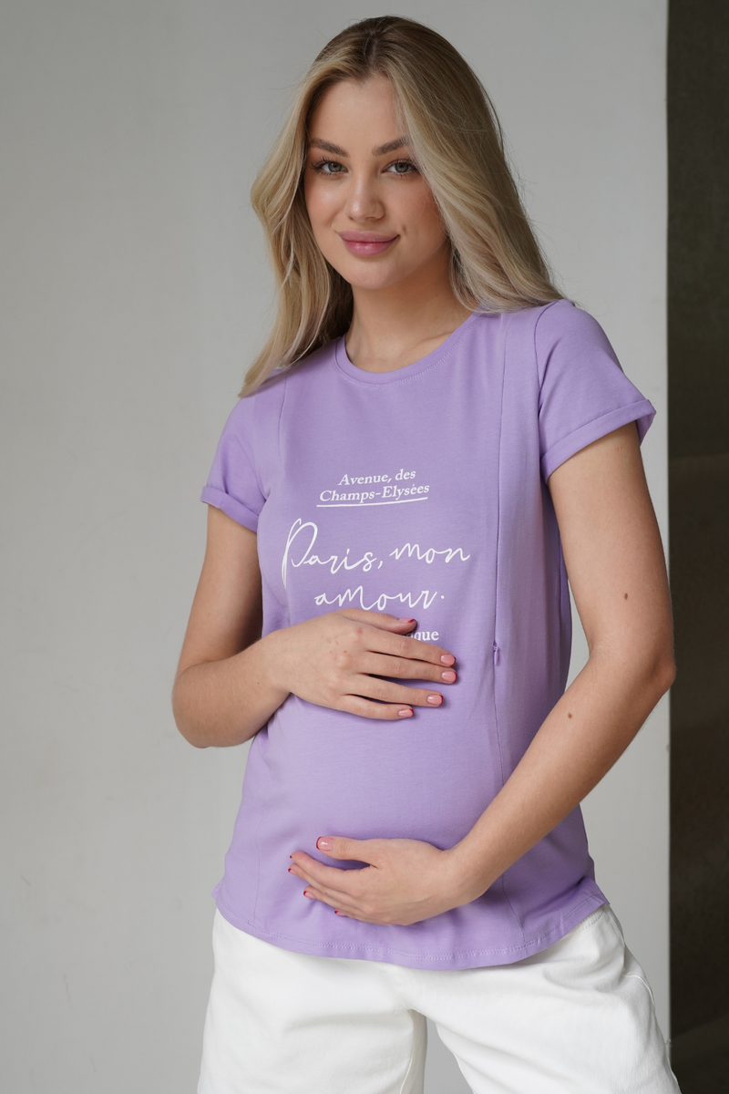 Лавандова футболка з принтом для вагітних і годуючих мам з секретом для годування трикотажна