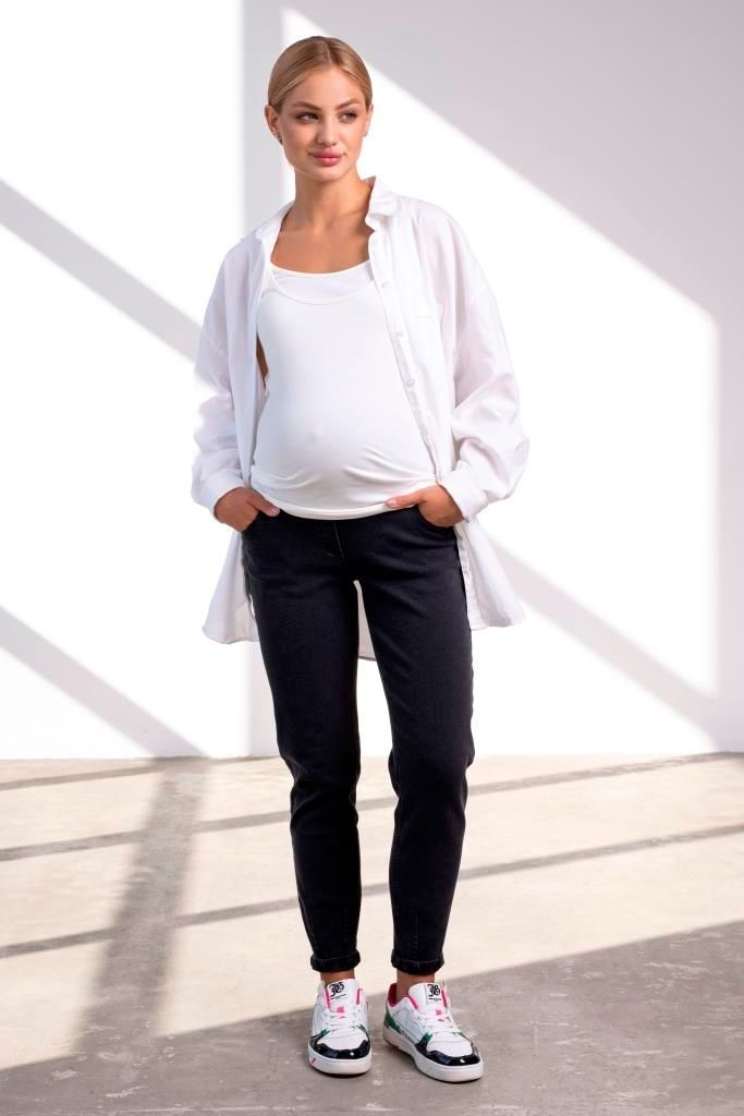 Комфортные джинсы для беременных Mom Jeans черно-серые с высокой спинкой