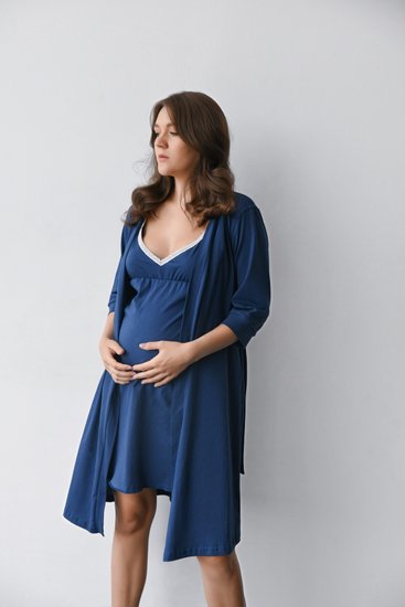 Хлопковый халат для беременных и кормящих мам на запах цвет индиго