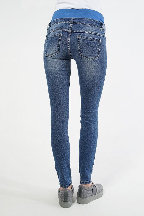 Стильні джинси скінні для вагітних сині з широкою бандажною резинкою під животик