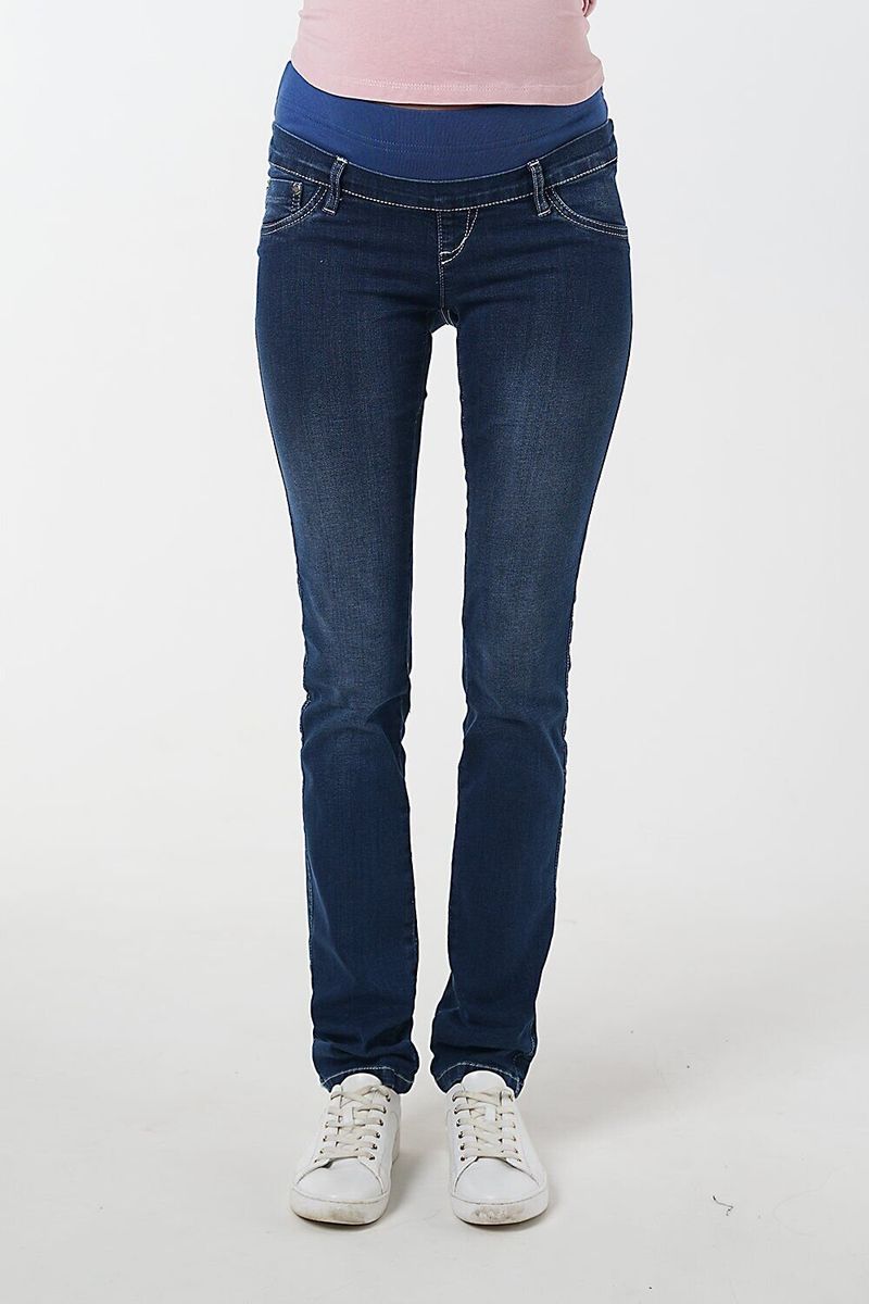 Удобные приталенные джинсы для беременных и кормящих Slim fit темно-синие