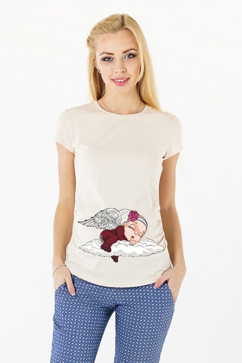 Бежева футболка для вагітних з ніжним принтом дівчинка ангел на хмарі