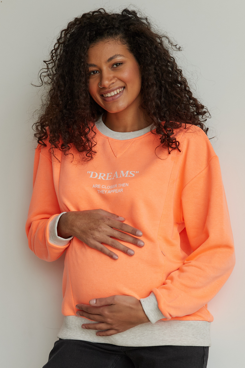 Оранжевый свитшот для беременных и кормящих с принтом с секретом для кормления