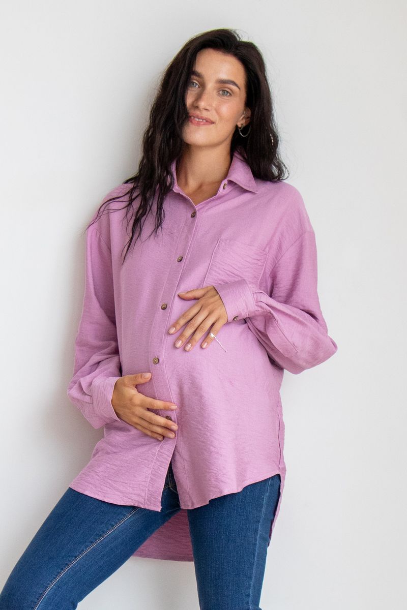 Хлопковая блуза для беременных и кормящих мам на пуговицах Oversize лавандовая из натуральной ткани