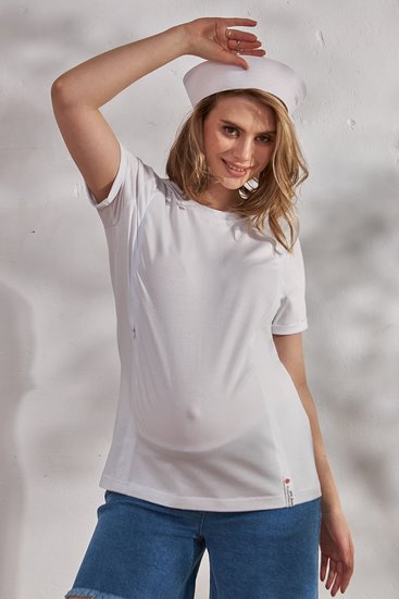 Удобная белая футболка для беременных и кормящих с секретом кормления