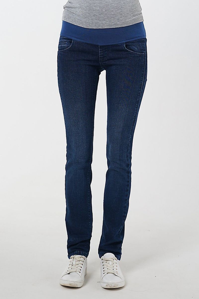 Штани джинсові для вагітних з легкими потертостями темно-сині