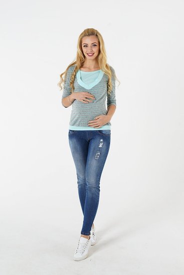 Брюки джинсовые для беременных синие с эластичной бандажной резинкой
