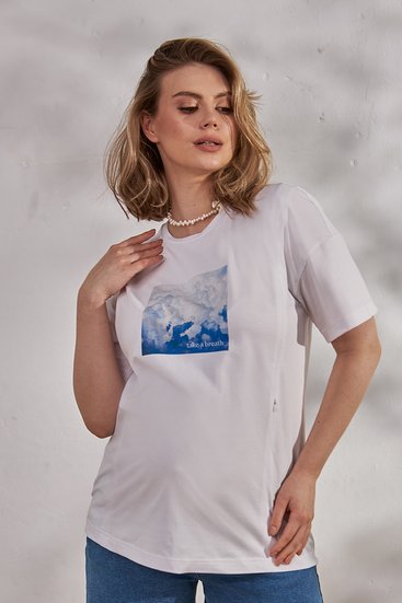 Стильная белая футболка для беременных и кормящих с секретом кормления