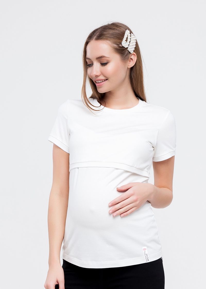 Хлопковая футболка для беременных и кормящих мам молочная