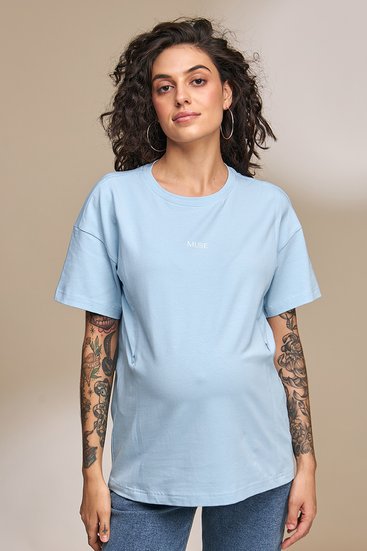Голубая трикотажная футболка для беременных и кормящих с секретом кормления