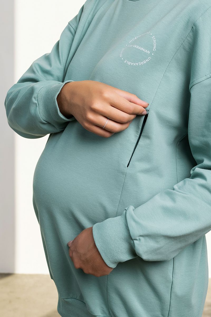Бирюзовый свитшот для беременных и кормящих из хлопкового трикотажа двунить