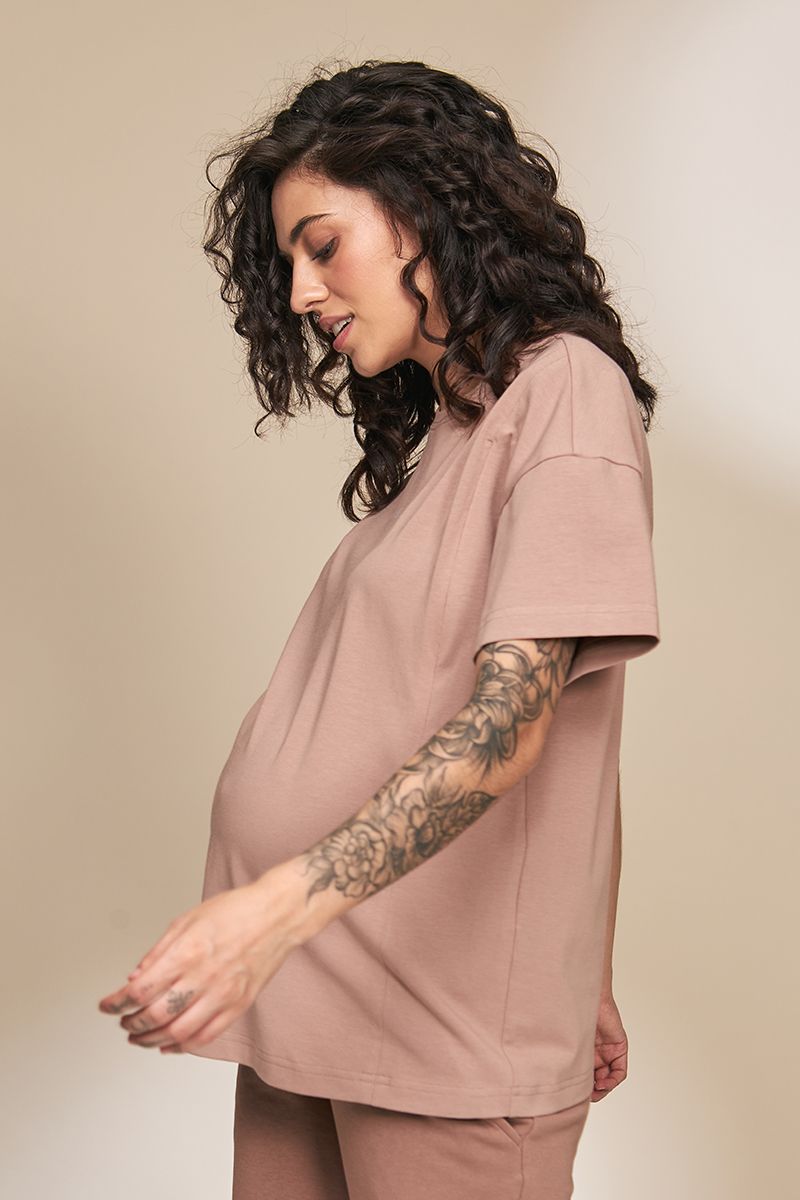 Трикотажная футболка для беременных и кормящих мам коричневая