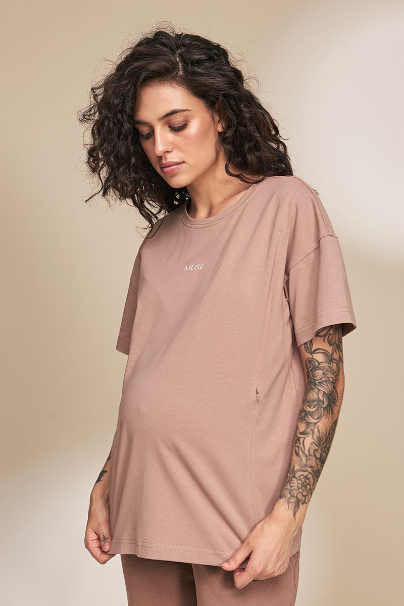 Трикотажна футболка для вагітних та годуючих мам коричнева