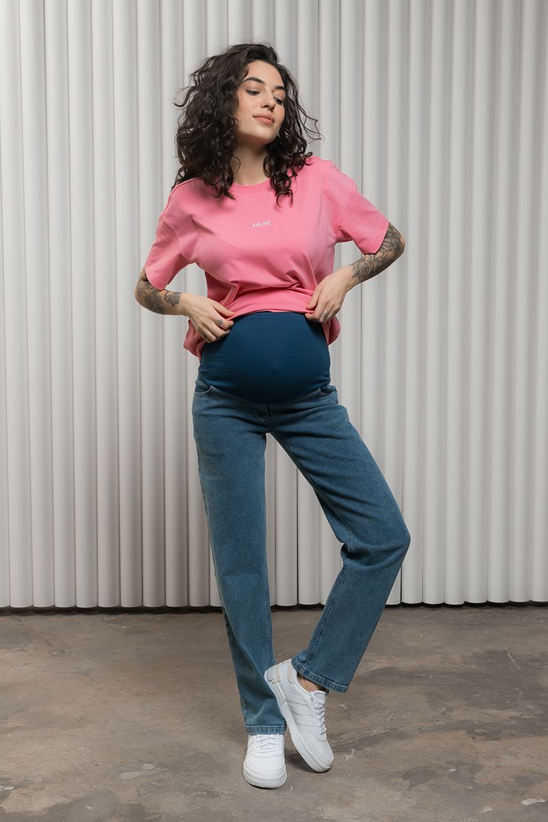 Стильні сині джинси для вагітних прямі з високою спинкою трикотажний живіт