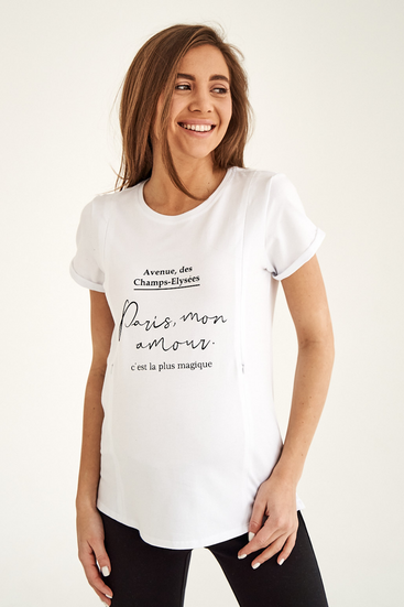 Белая футболка для беременных и кормящих мам с секретом для кормления с принтом